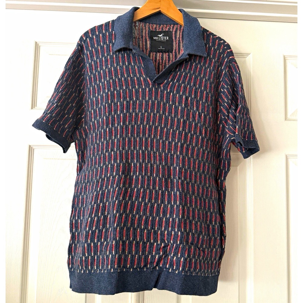 Hollister Mens L Sweater Polo Shirt Navy Geometric Knit Johnny Collar Retro